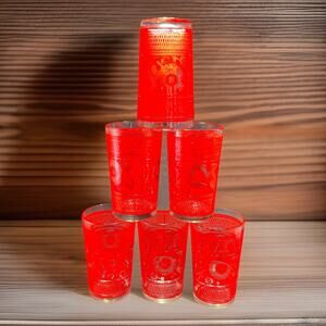 Retro Juice Glass -set Of 6- Red W/Floral & Diamond Screened Design- 4” Height